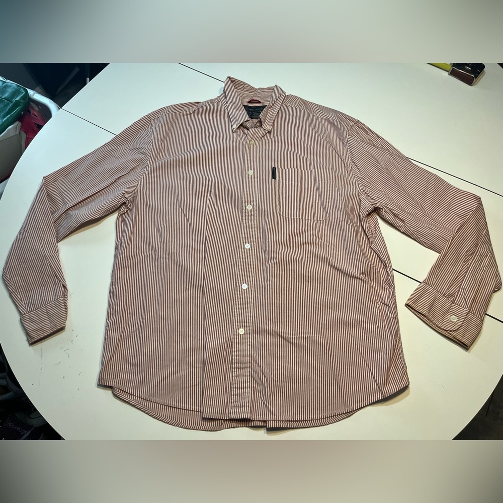 Abercrombie & Fitch XL red rust and white pin stripe long sleeve button down top